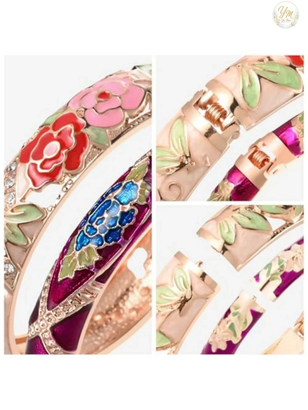 Vintage Cloisonne Enamel Rhinestone Hinged Cuff Bracelet Bangle